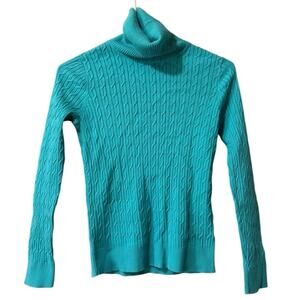 Talbots Women Size Petite Cable Knit Turtle Neck Sweater Pima Cotton Green City
